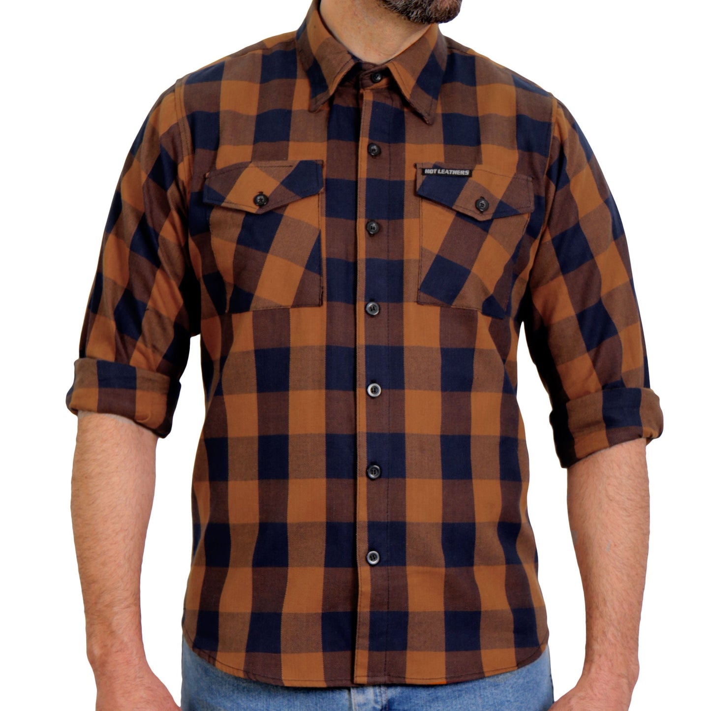 Hot Leathers Men's 'Long Haul' Navy/Brown Cotton Flannel Shirt - Button Front - Riding/Casual/ Work Wear - FLM2016