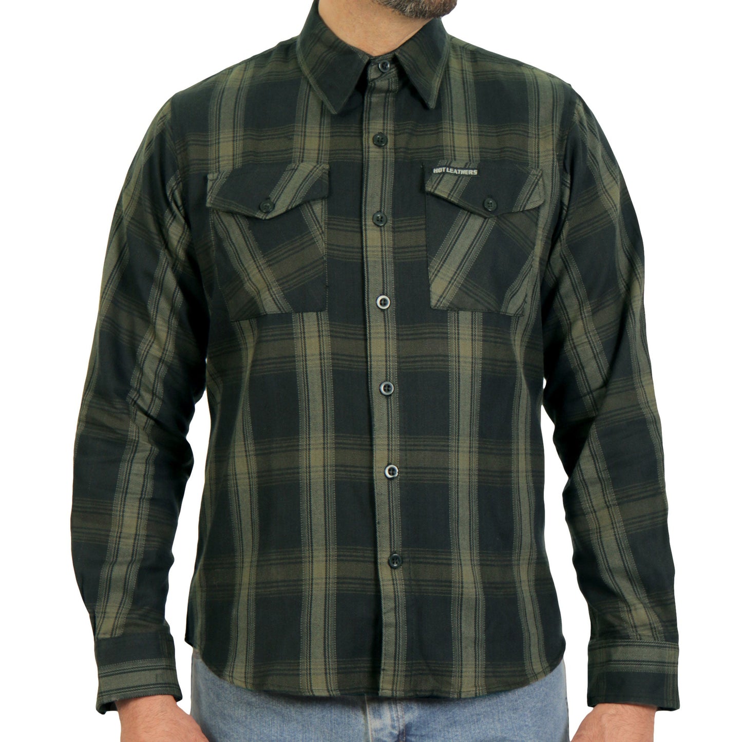 Hot Leathers Men's 'Open Road' Black/Green Cotton Flannel Shirt - Button Front - Riding/Casual/ Work Wear - FLM2018