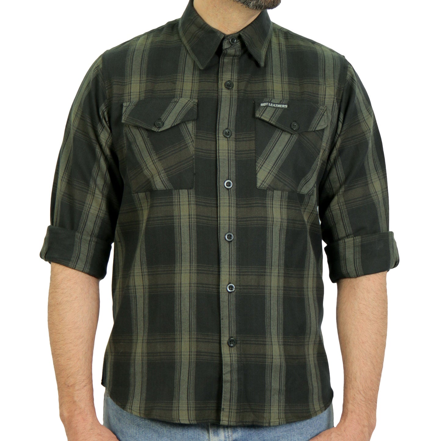 Hot Leathers Men's 'Open Road' Black/Green Cotton Flannel Shirt - Button Front - Riding/Casual/ Work Wear - FLM2018