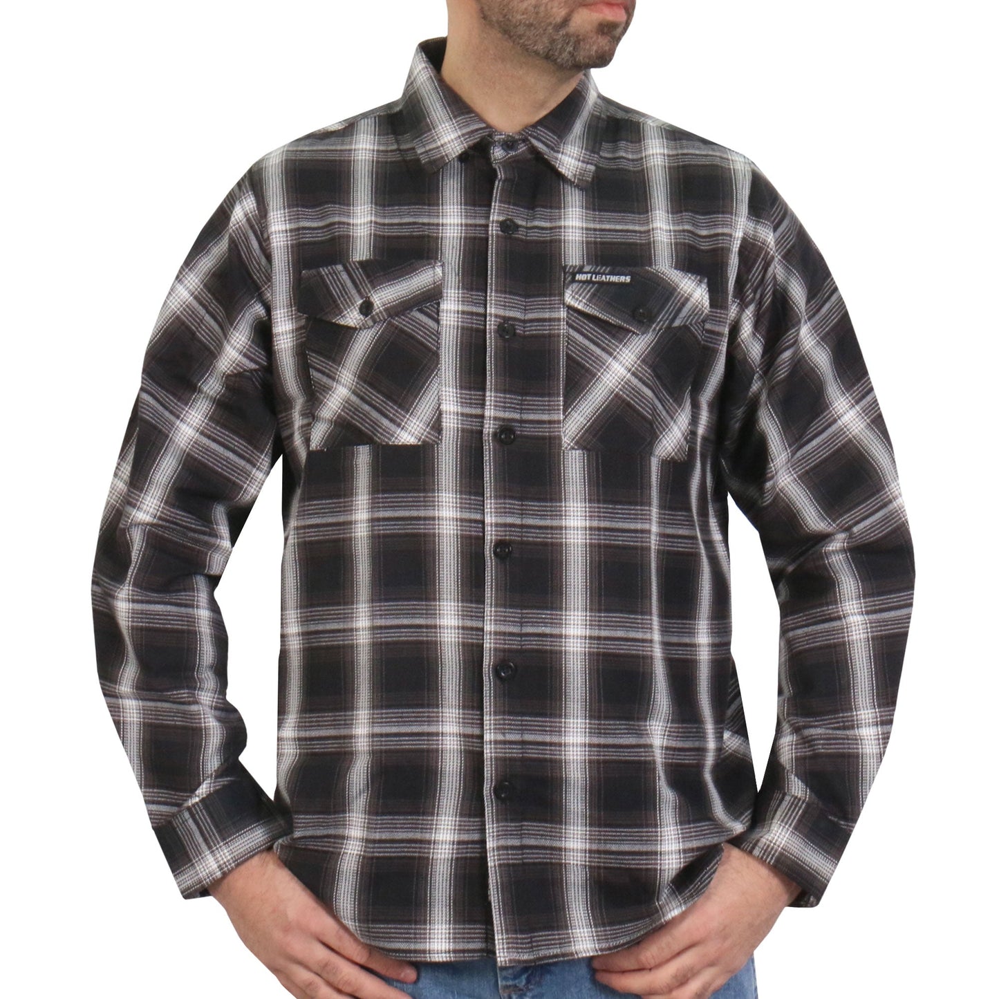 Hot Leathers Men's 'Last Exit' White/Black Cotton Flannel Shirt - Button Front - Riding/Casual/ Work Wear - FLM2023