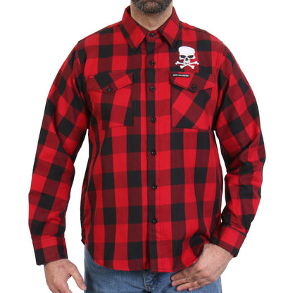 Hot Leathers Men's 'Skull & Bones' Black/Red Cotton Flannel Shirt - Button Front - Riding/Casual/ Work Wear - FLM2103