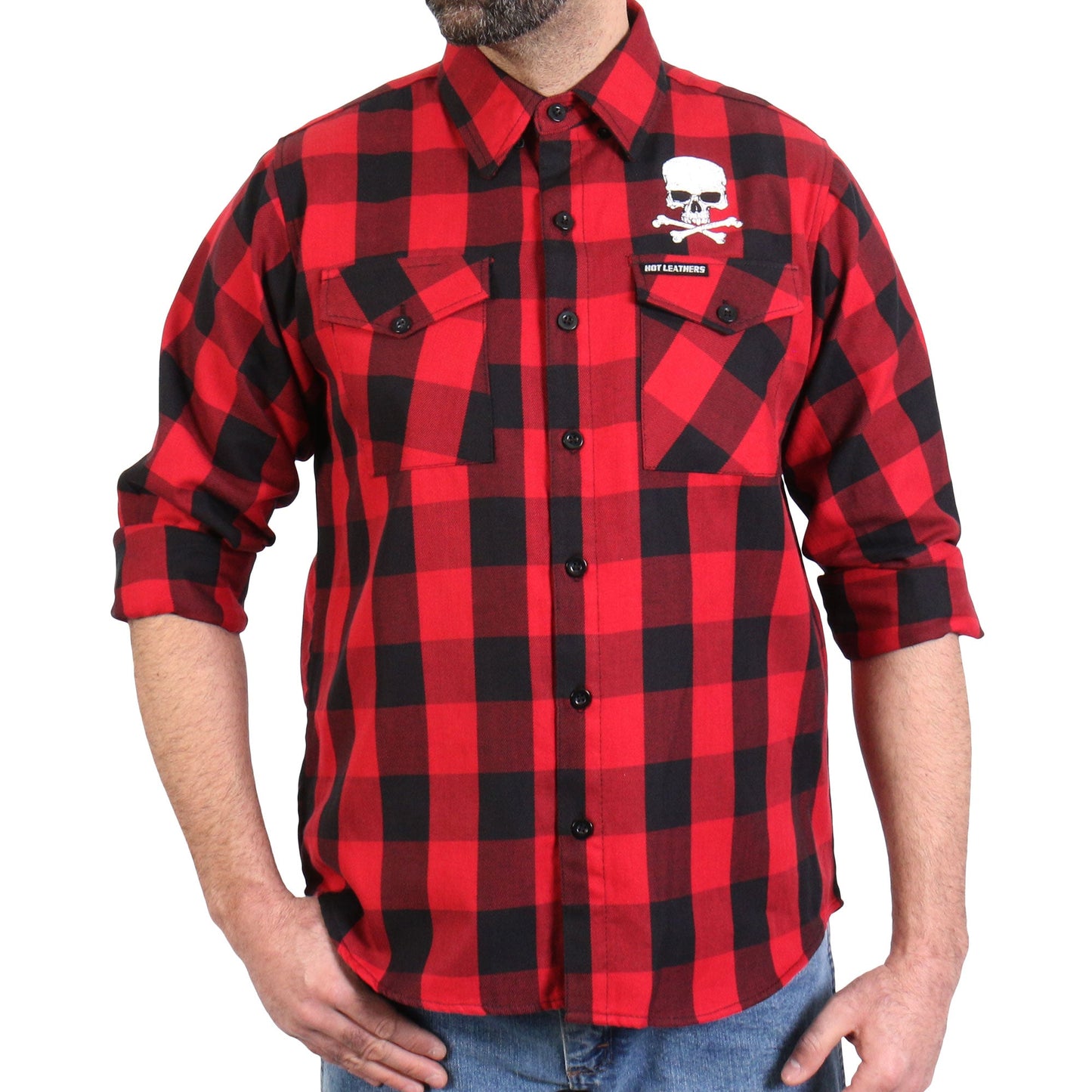 Hot Leathers Men's 'Skull & Bones' Black/Red Cotton Flannel Shirt - Button Front - Riding/Casual/ Work Wear - FLM2103