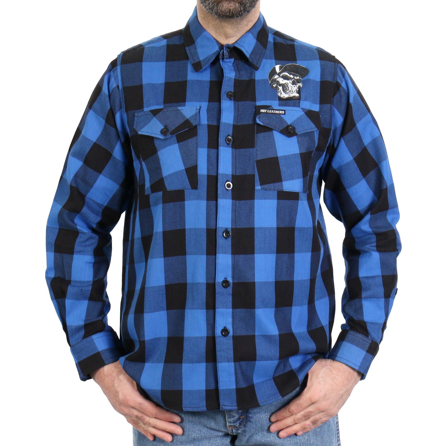 Hot Leathers Men's 'Snap Back' Black/Blue Cotton Flannel Shirt - Button Front - Riding/Casual/ Work Wear - FLM2107