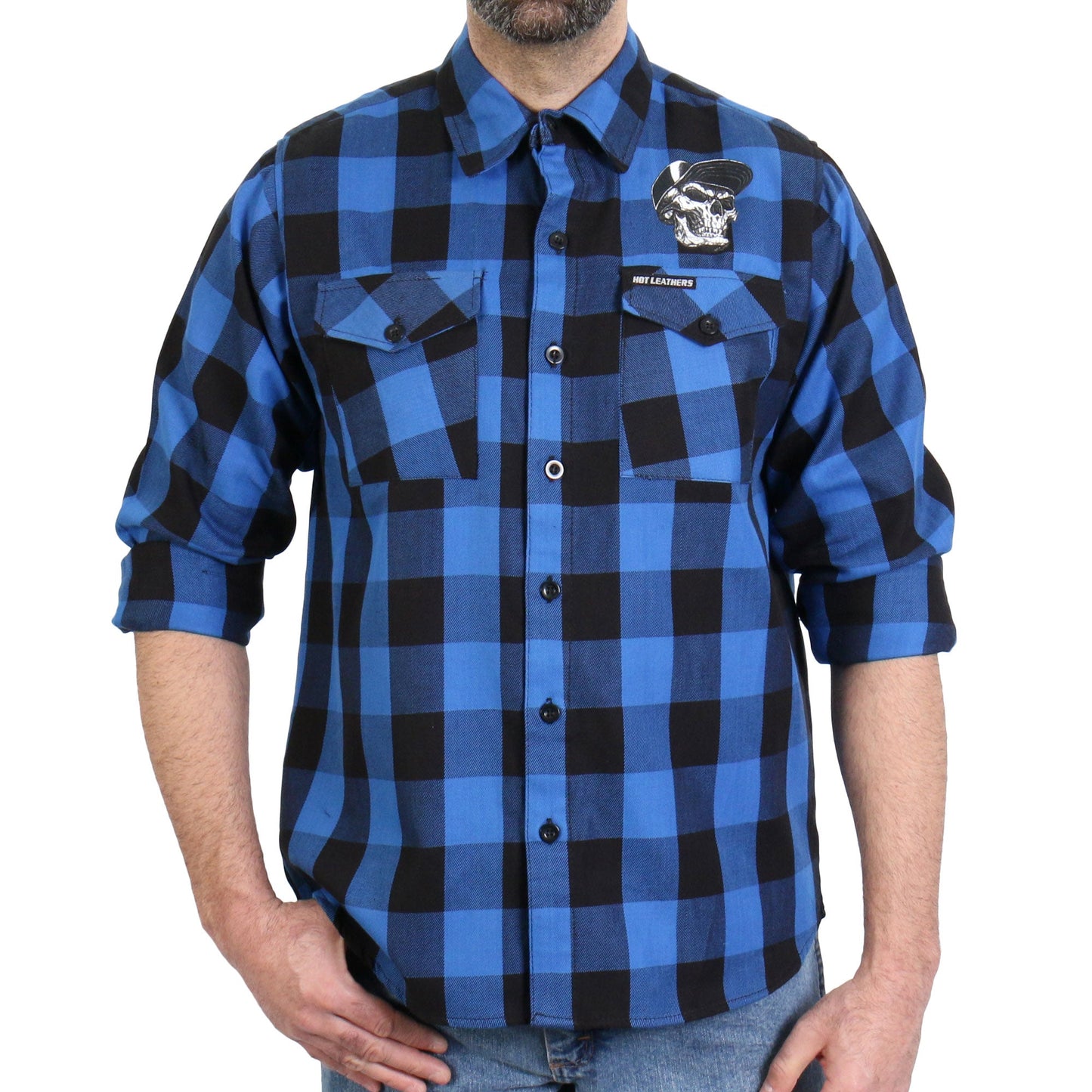 Hot Leathers Men's 'Snap Back' Black/Blue Cotton Flannel Shirt - Button Front - Riding/Casual/ Work Wear - FLM2107