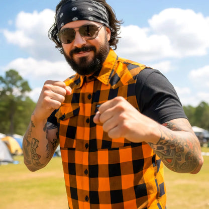 Hot Leathers Men's 'Broken Halo' Black/Orange Cotton Flannel Shirt - Button Front - Riding/Casual/ Work Wear - FLM5003