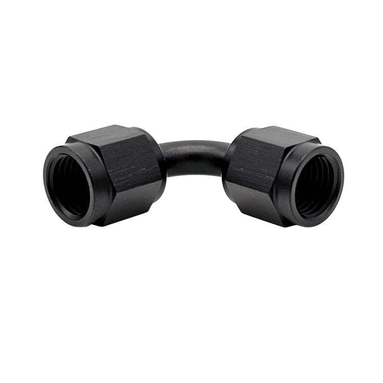 -16AN Female AN Flare Union 90° Adapter, Swivel Style, Black Hard Anodized Aluminum