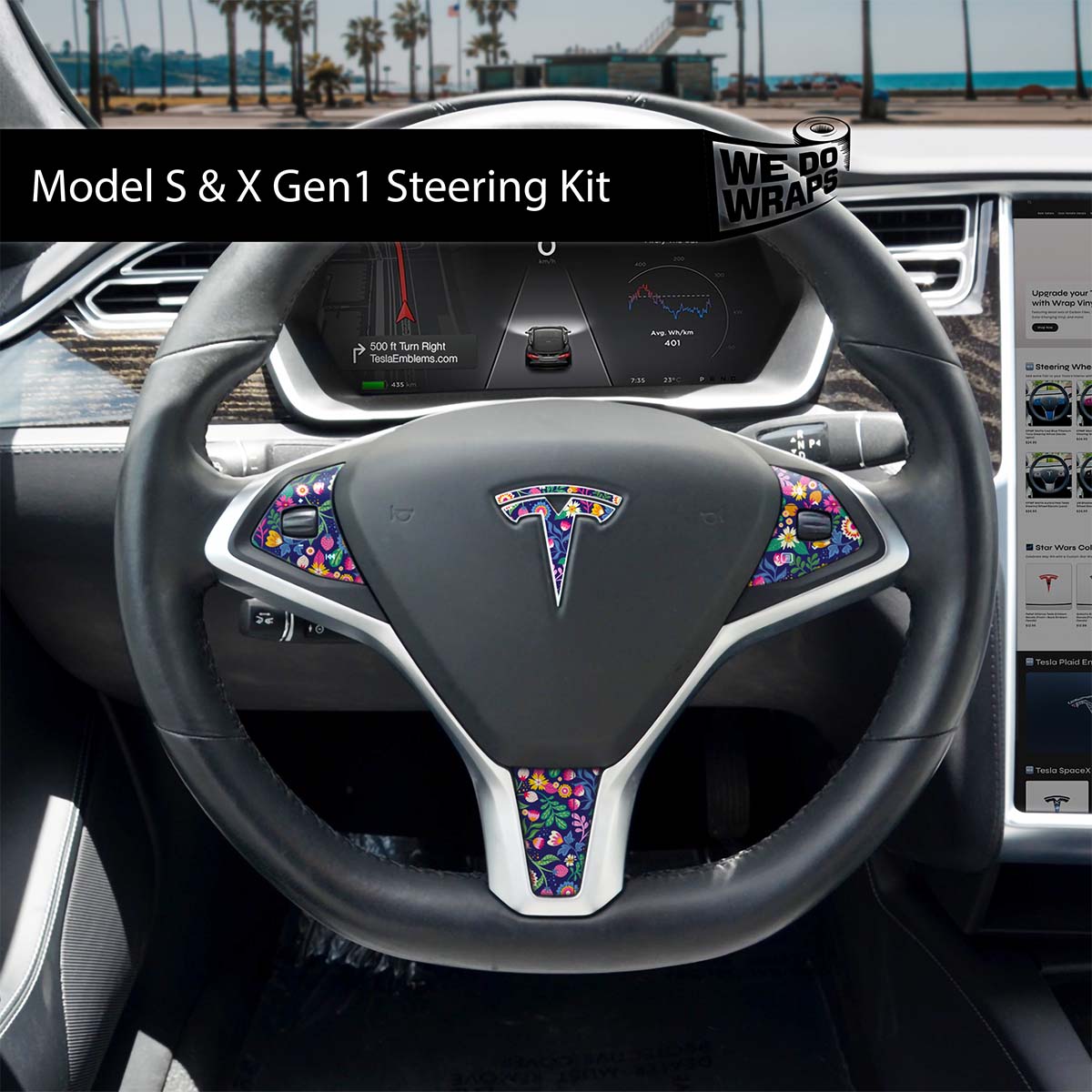 Floral Meadows Tesla Steering Wheel Wrap | Model S