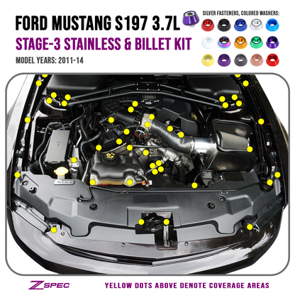 ZSPEC Stage-3 Dress Up Bolts® Fastener Kit for 11-14 Ford Mustang 3.7L S197, Stainless & Billet