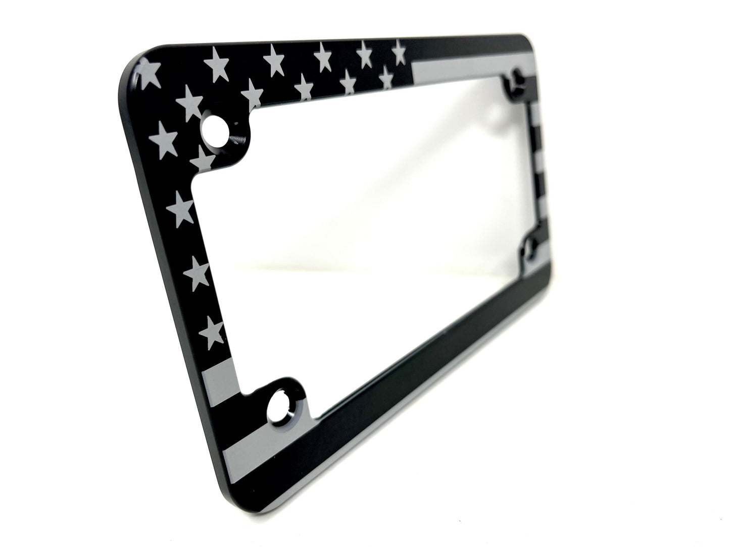 Slim Billet Aluminum Motorcycle License Plate Frame – Laser Engraved American Flag – Made in USA