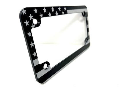 Slim Billet Aluminum Motorcycle License Plate Frame – Laser Engraved American Flag – Made in USA