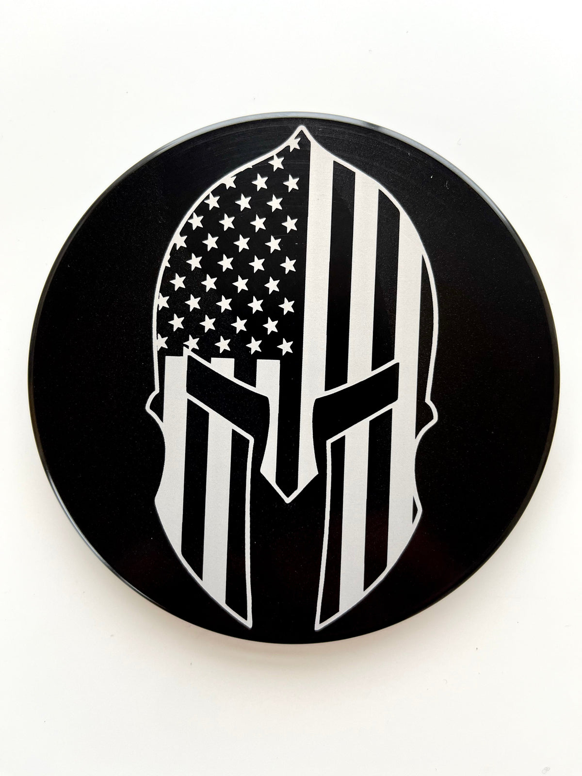 Spartan Helmet American Flag Laser Engraved Billet Aluminum Hitch Cover