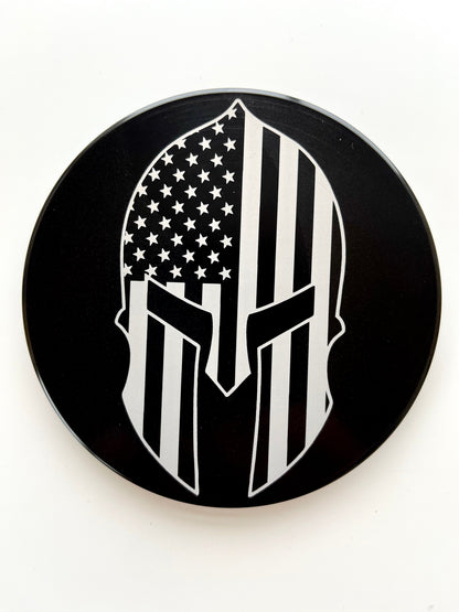 Spartan Helmet American Flag Laser Engraved Billet Aluminum Hitch Cover