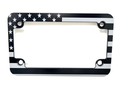 Slim Billet Aluminum Motorcycle License Plate Frame – Laser Engraved American Flag – Made in USA