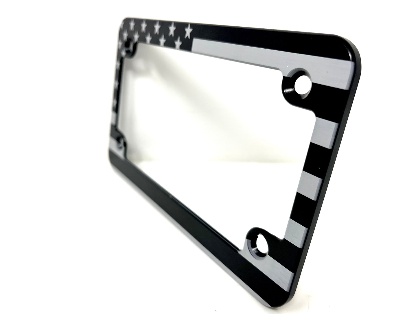 Slim Billet Aluminum Motorcycle License Plate Frame – Laser Engraved American Flag – Made in USA
