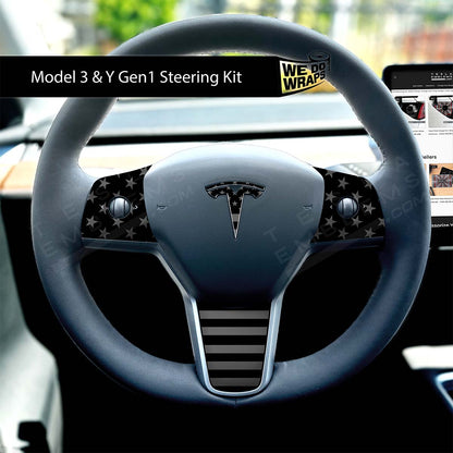 Ghost Black Patriot Flag Tesla Steering Wheel Wrap | M3 2017-Jan 2024