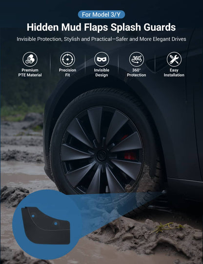 TESERY Hidden Mud Flaps Splash Guards for Model 3 Highland / Model Y Juniper