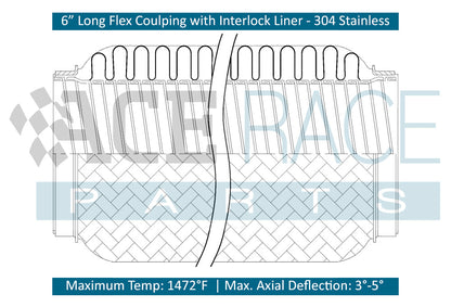 2.500" ID x 6" Long Flex Coupling (Interlock Liner) 304 Stainless