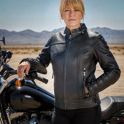 Hot Leathers JKL1025 Ladies Motorcycle style Lace Up Sleeves Leather Biker Jacket