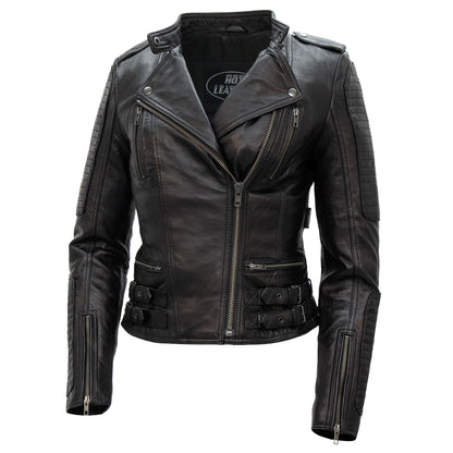 Hot Leathers JKL1030 Ladies Lightweight Motorcycle Black Leather Biker Jacket with Side Buckles