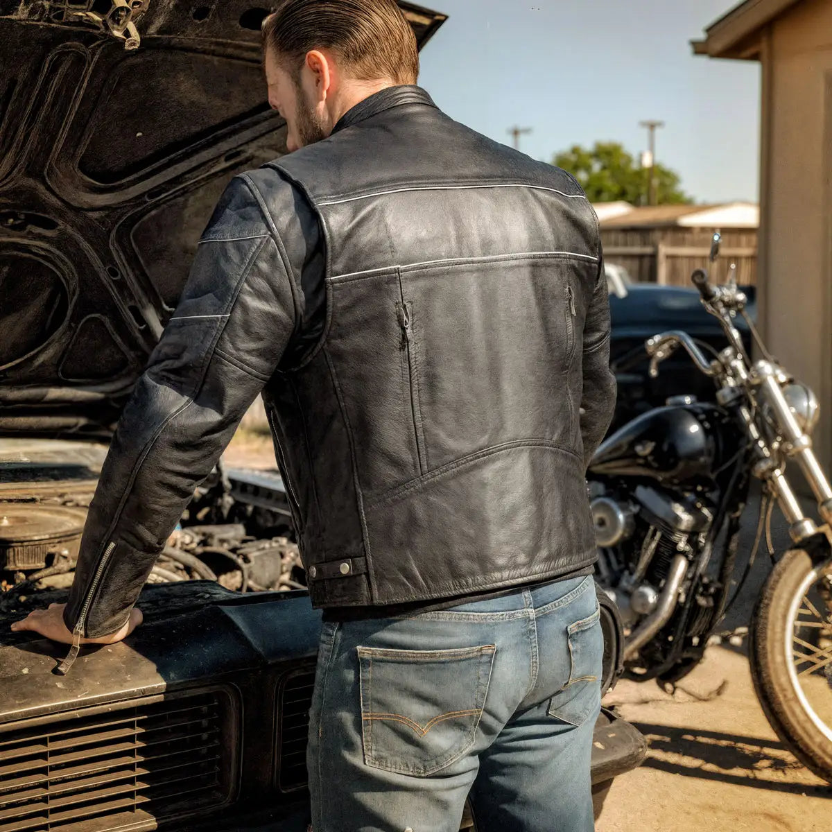 Hot Leathers JKM1004 Men's Leather Motorcycle Vented Scooter Biker Jacket with Reflective Piping