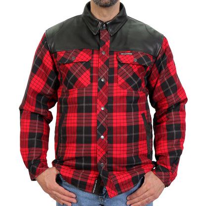 Hot Leathers JKM3201 Men's Motorcycle style Red and Black Reinforced Leather and Plaid Flannel Biker Shirt