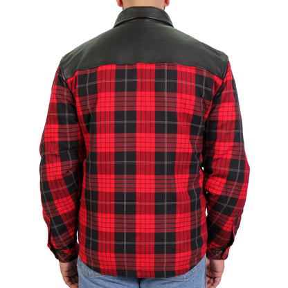 Hot Leathers JKM3201 Men's Motorcycle style Red and Black Reinforced Leather and Plaid Flannel Biker Shirt