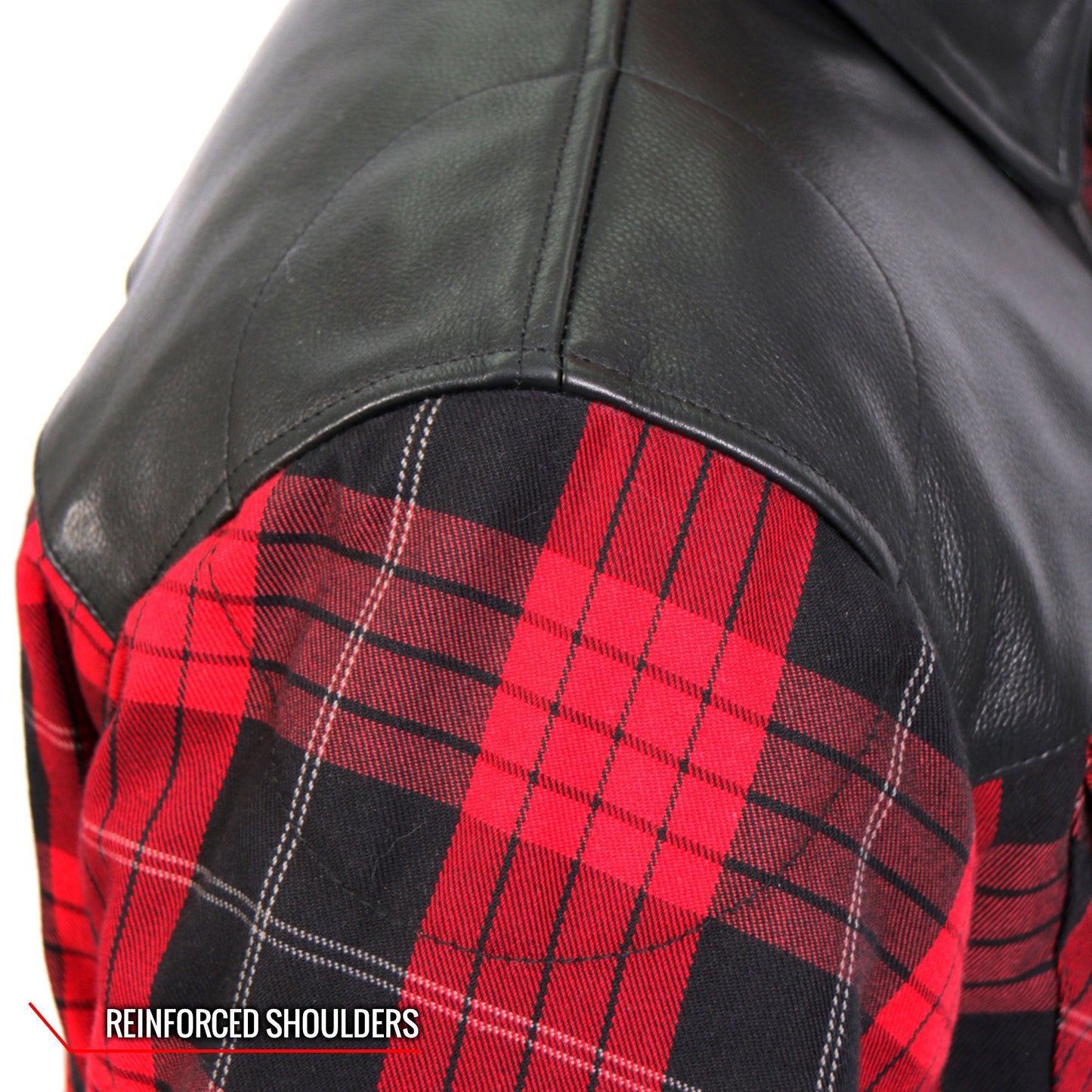 Hot Leathers JKM3201 Men's Motorcycle style Red and Black Reinforced Leather and Plaid Flannel Biker Shirt