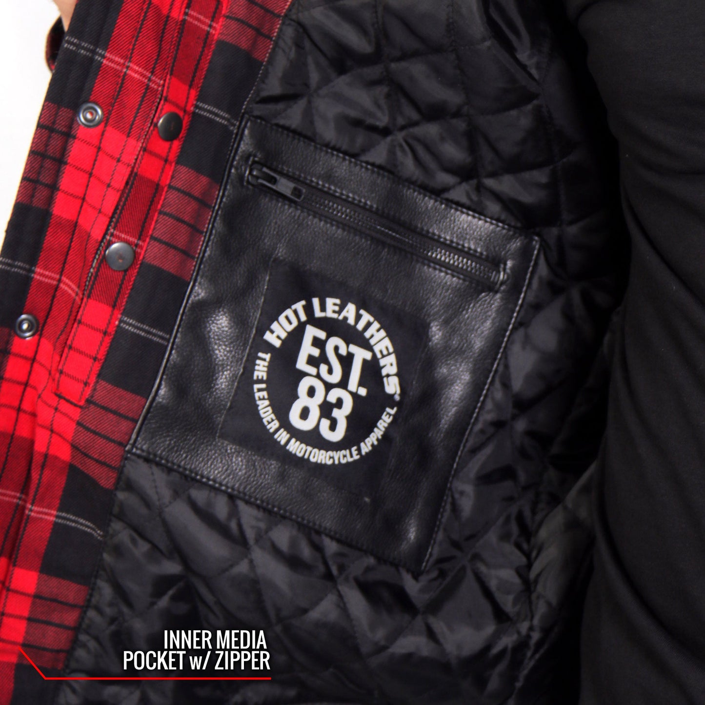 Hot Leathers JKM3201 Men's Motorcycle style Red and Black Reinforced Leather and Plaid Flannel Biker Shirt