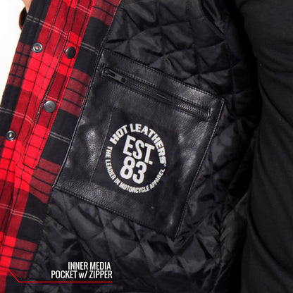 Hot Leathers JKM3201 Men's Motorcycle style Red and Black Reinforced Leather and Plaid Flannel Biker Shirt