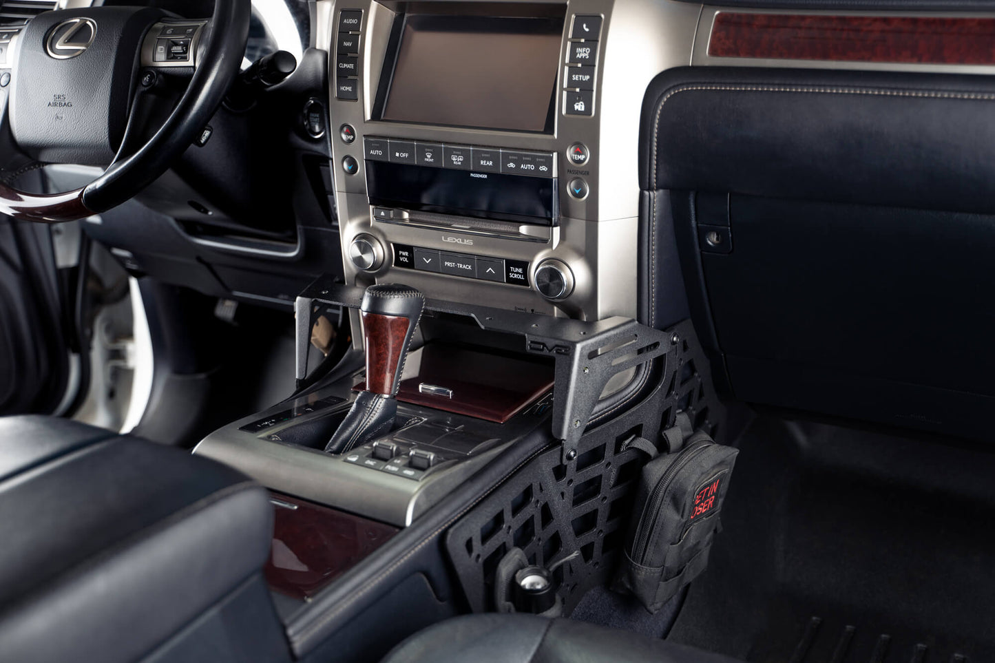 Bag attached to Lexus GX 460 Center Console Molle Panels & Digital Device Bridge