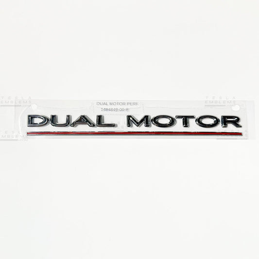 “Dual Motor Performance” Chrome Tesla Emblems | Genuine OEM Original Rear Trunk Badging