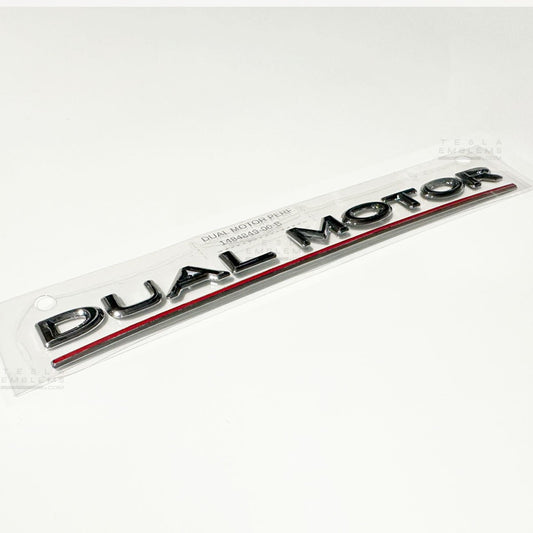 “Dual Motor Performance” Chrome Tesla Emblems | Genuine OEM Original Rear Trunk Badging