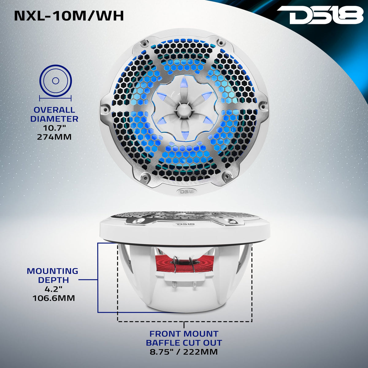 NXL 10" 2-Way Coaxial Marine Speaker with RGB LED Lights 200 Watts Rms 4-Ohm