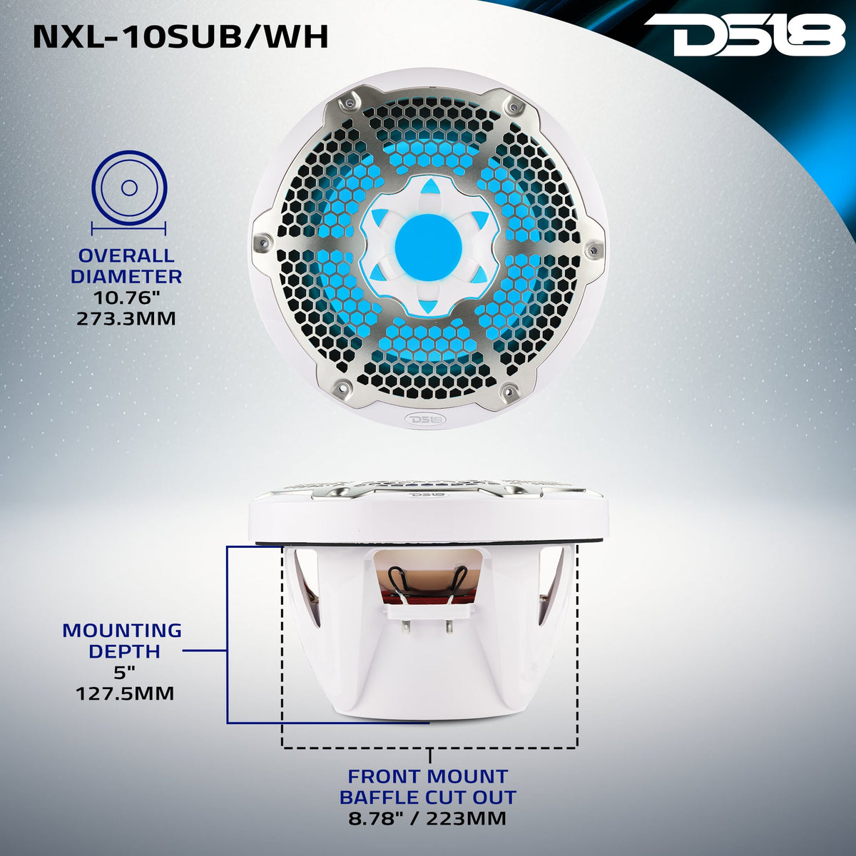 NXL 10" Marine Subwoofer with LED RGB Lights 300 Watts Rms SVC 4-Ohm