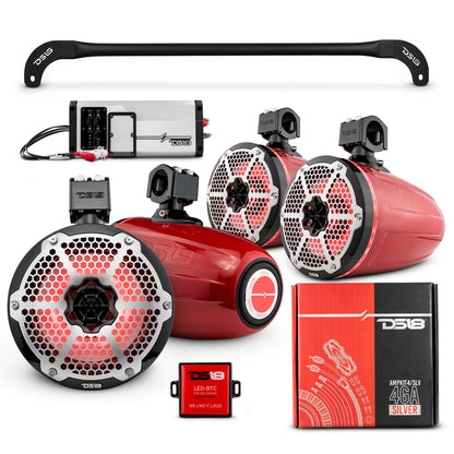 JL-TUBESOFT 4x 8" Marine Towers Speakers with RGB LED Lights, 4-Channel Marine Amplifier and AMPKIT for JLU Soft Top