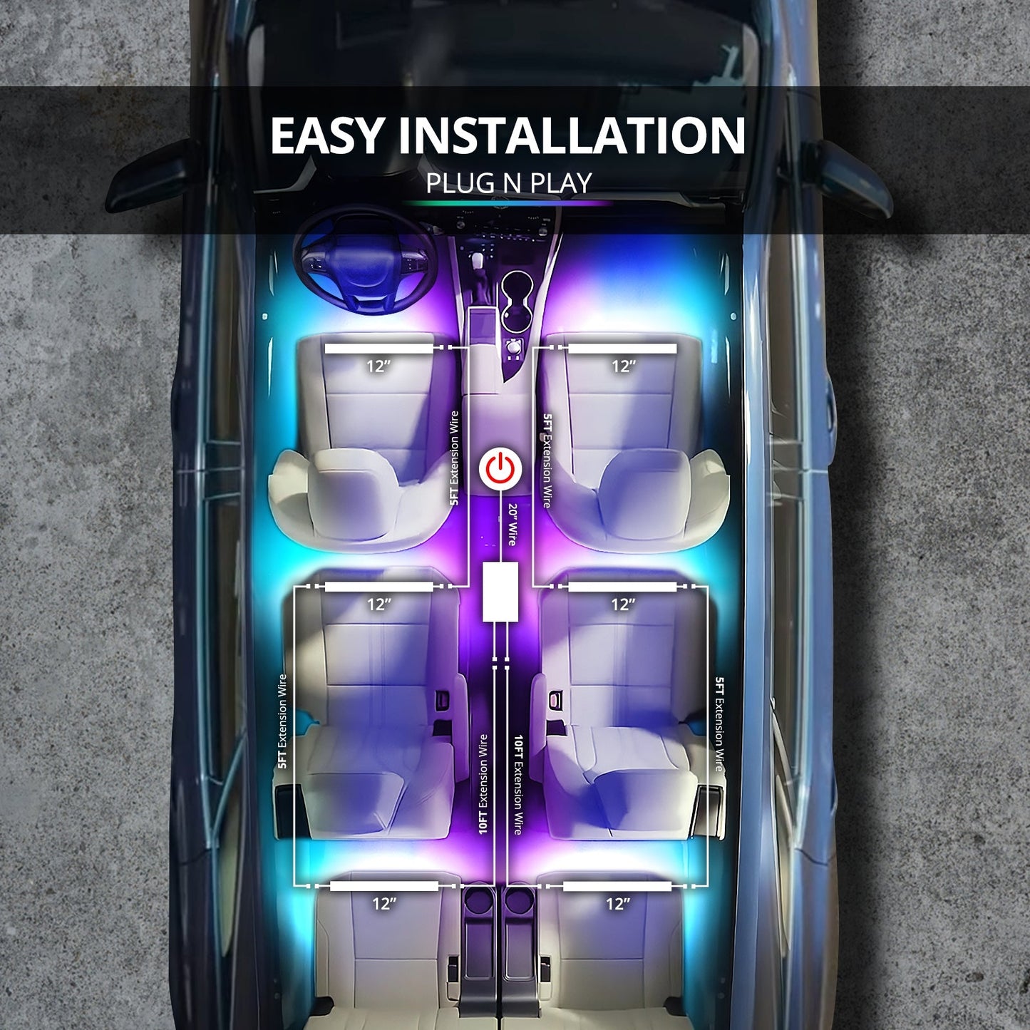 AURA DreamColor Double Row LED Interior Ambient Lighting Kit (4 x 12 Inch or 6 x 12-Inch) - Bluetooth APP and Remote Enabled Full Color Spectrum