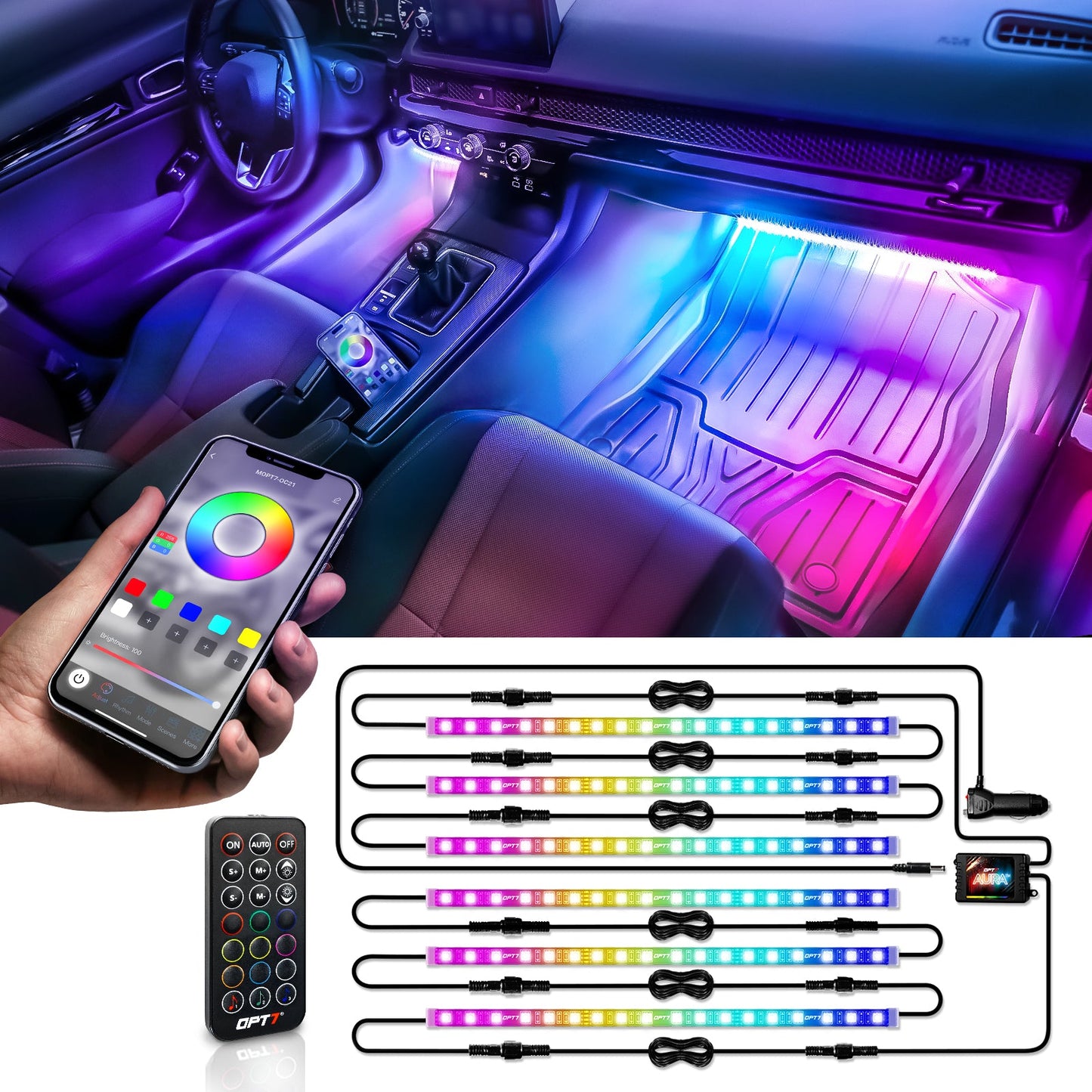 AURA DreamColor LED Interior Ambient Lighting Kit (4 x 12 Inch or 6 x 12-Inch) - Bluetooth APP and Remote Enabled Full Color Spectrum