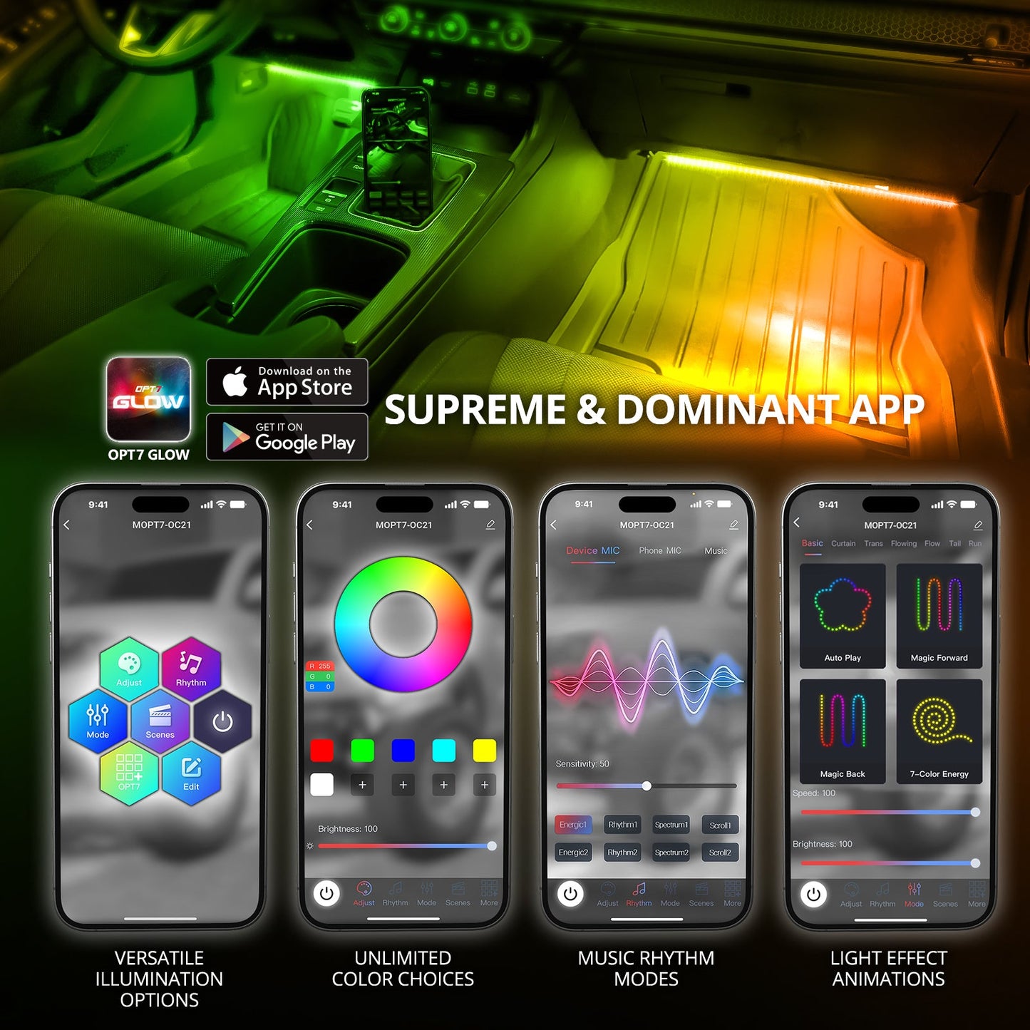 AURA DreamColor Double Row LED Interior Ambient Lighting Kit (4 x 12 Inch or 6 x 12-Inch) - Bluetooth APP and Remote Enabled Full Color Spectrum