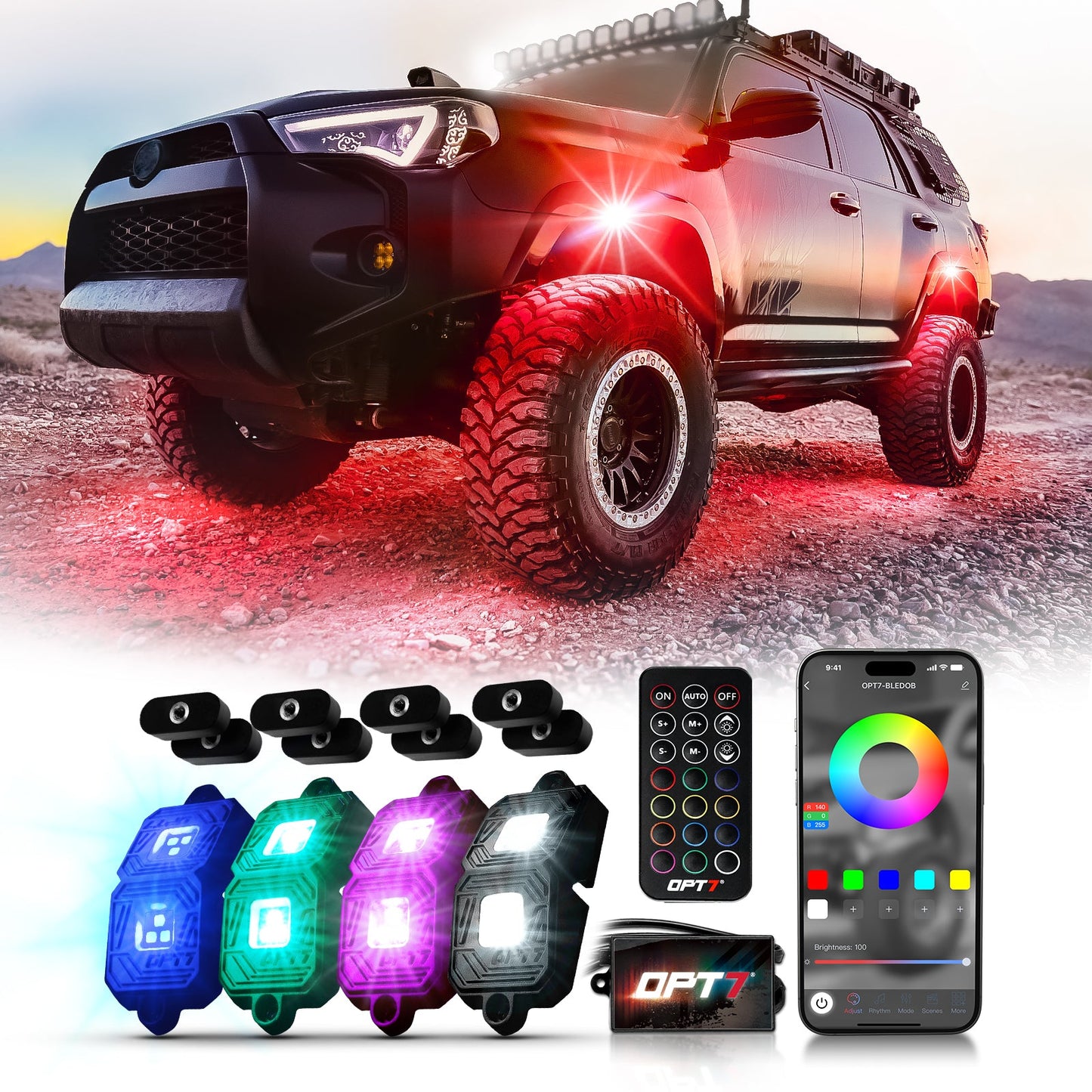 OPT7 Photon RGB 4PCS LED Rock Light w-Magnet Wide Angle Underglow Neon Lighting Kit