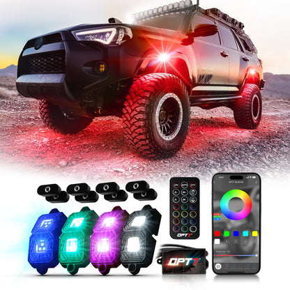 OPT7 Photon RGB 4PCS LED Rock Light w-Magnet Wide Angle Underglow Neon Lighting Kit