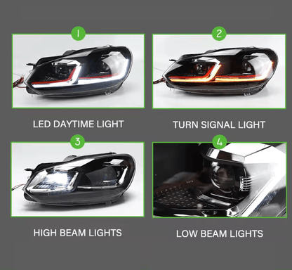 Volkswagen Golf MK6 Red, Silver, and Black Projector with Dynamic Signal LED Headlights (2009 - 2013)