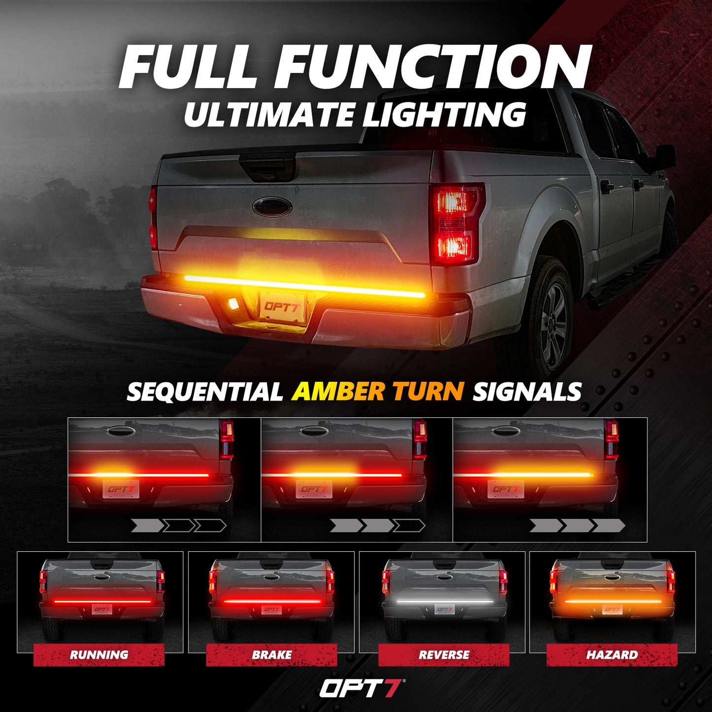 OPT7 Redline Triple Tailgate Light Bar 60" Bundle with Sidekick Sequential Running Board Light LED Strip Kit