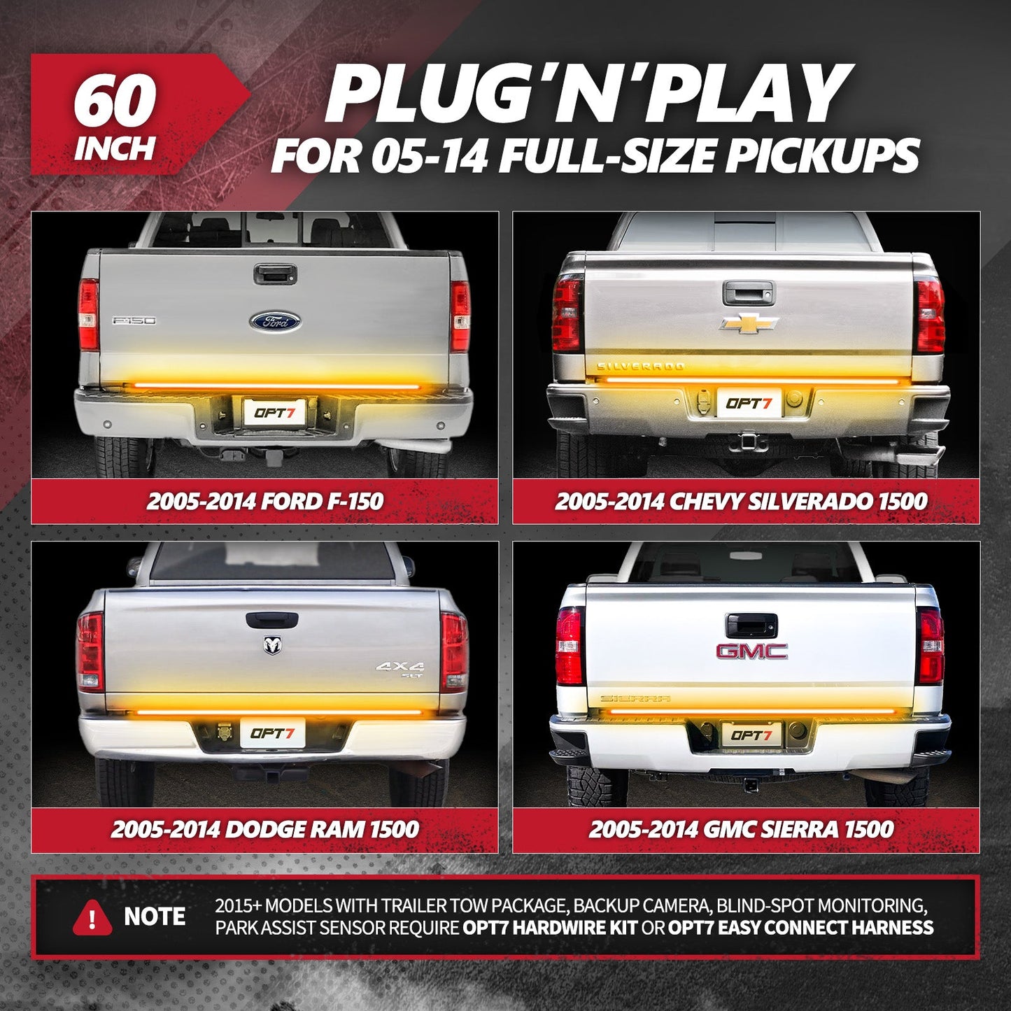 OPT7 Redline Triple Tailgate Light Bar 60" Bundle with Sidekick Running Board Light LED Strip Kit with Warning Mode