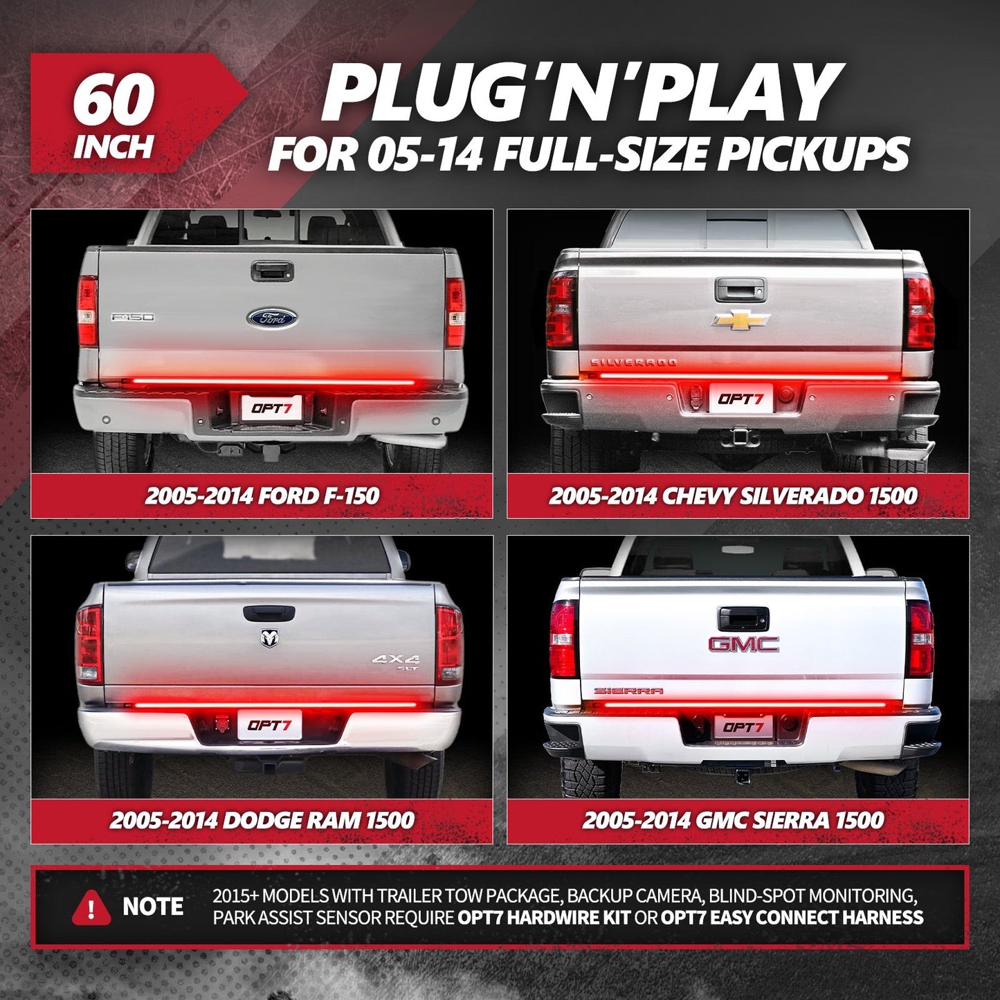 OPT7 Redline Triple Tailgate Light Bar 60" Bundle for Ford F150 15-20 with Blind Spot Easy Connect Harness