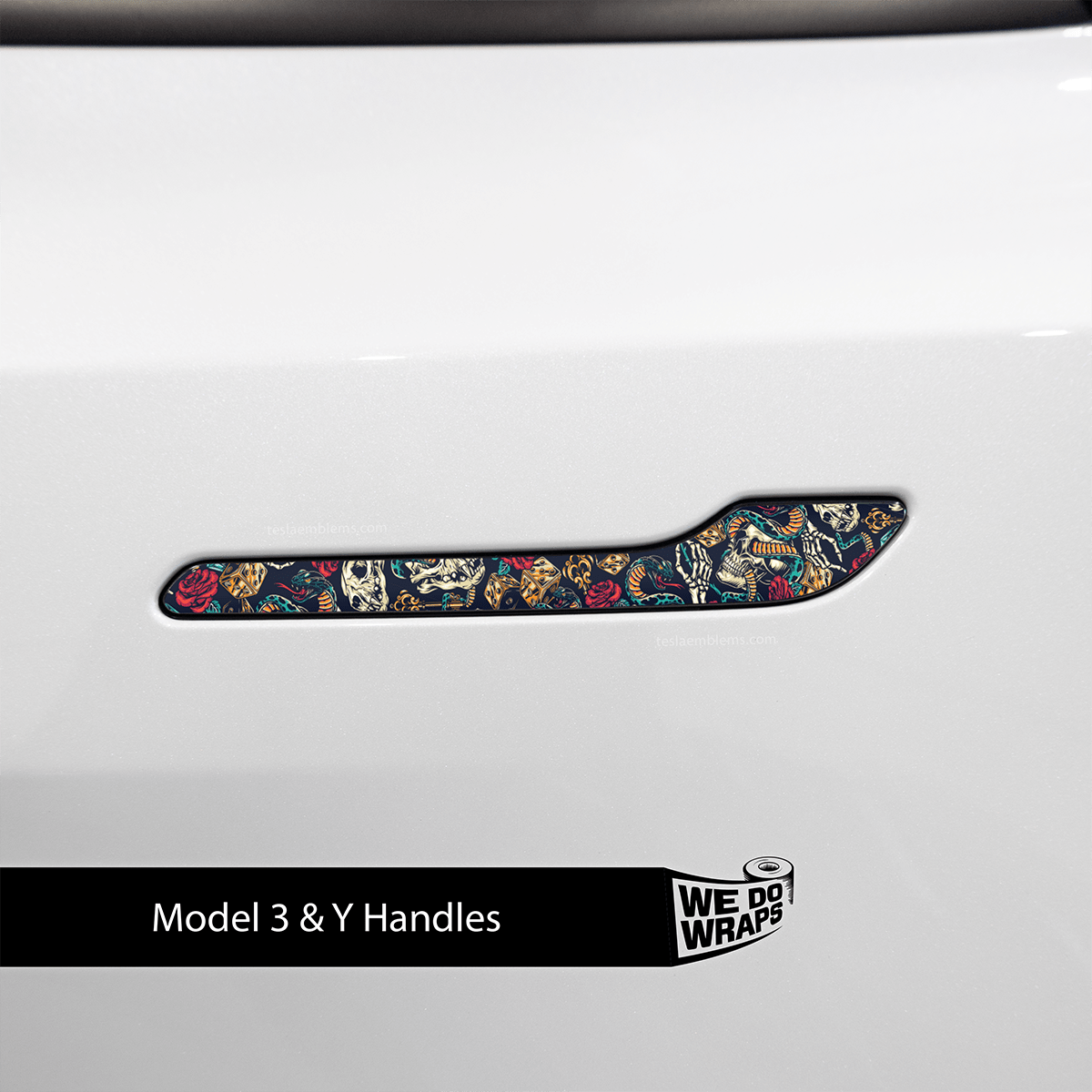 Skull & Roses Tattoo Art Tesla Door Handle Decals (4pcs)