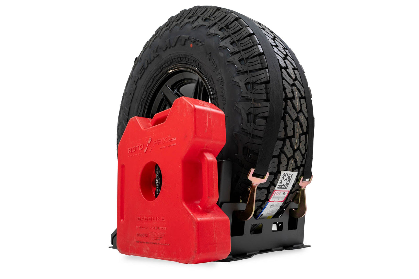 Universal Truck Bed Tire Carrier & Accessory Mount with Rotopax mount and container