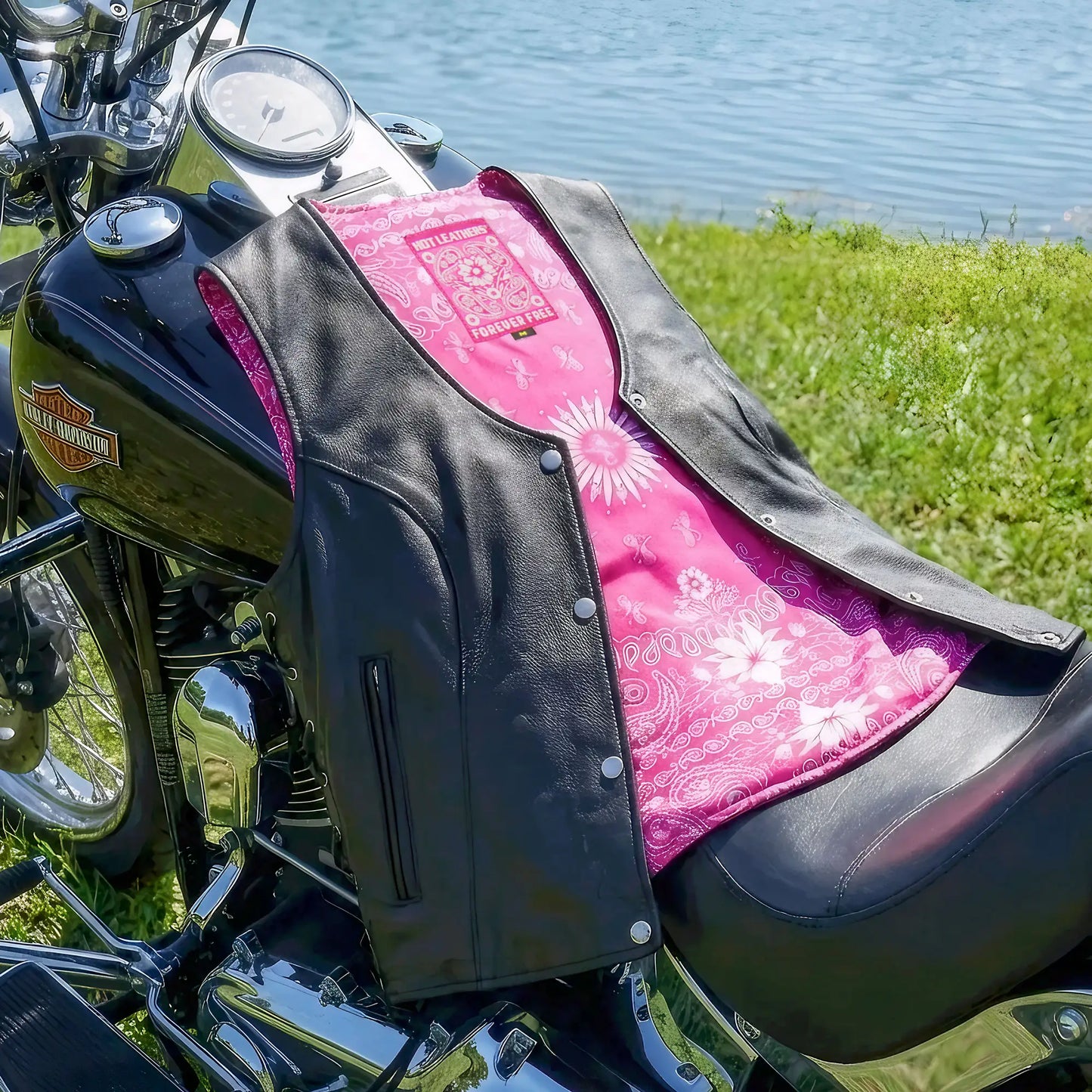 Hot Leathers VSL1018 Ladies 'Pink Paisley' Lined Black Leather Motorcycle Biker Vest