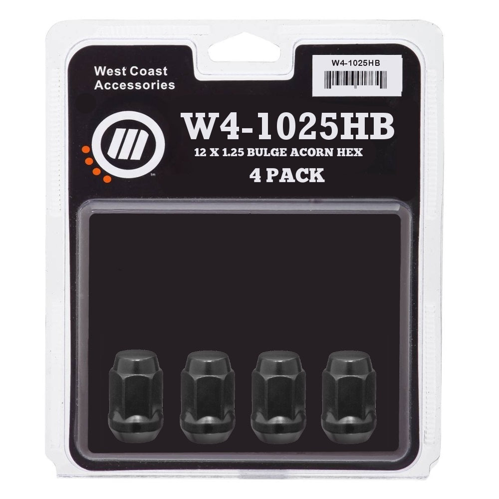 12x1.25 Bulge Acorn Lug Nut 3/4" Hex 1.38" 4 Pack Black - West Coast Wheel Accessories W4-1025HB