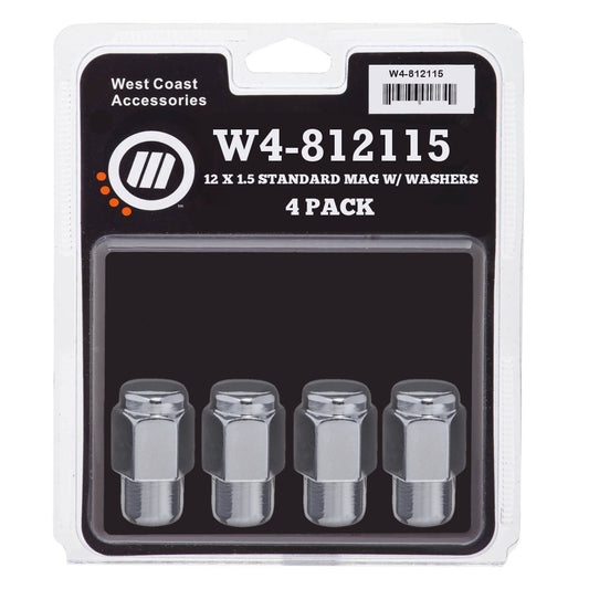 12x1.5 Mag Lug Nut 13/16" Hex 1.5" 0.55" Shank 4 Pack Chrome - West Coast Wheel Accessories W4-851145