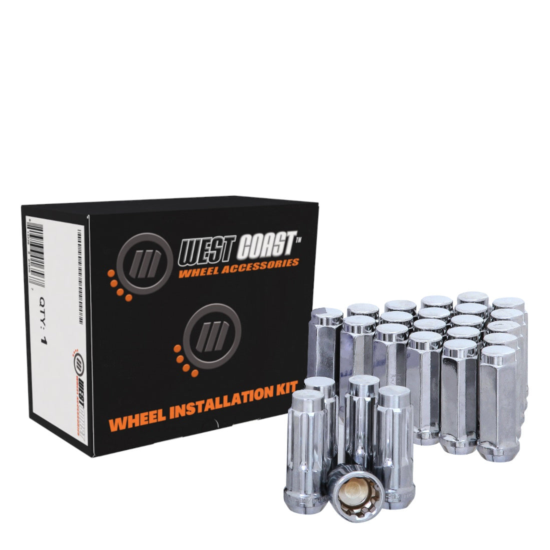 14x1.5 Bulge Acorn Lug Nuts 3/4" Hex 2.4" 5 Lug Install Kit Chrome - West Coast Wheel Accessories W55014X